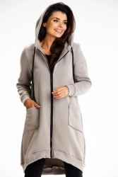 Długa bluza damska z kapturem i kieszeniami szary