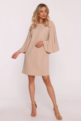 Elegancka sukienka trapezowa z bufiastymi rękawami beżowa