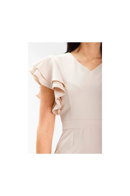 Koktajlowa sukienka ołówkowa dekolt V i falbanki beżowa