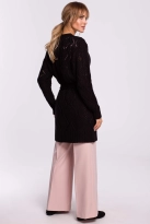 Długi kardigan ażurowy sweter z paskiem czarny