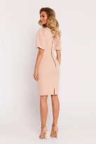 Elegancka ołówkowa sukienka dekolt V bufiaste rękawy beż