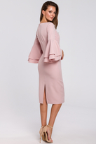 Sukienka na wesele elegancka midi z bufiastymi rękawami pudrowy róż