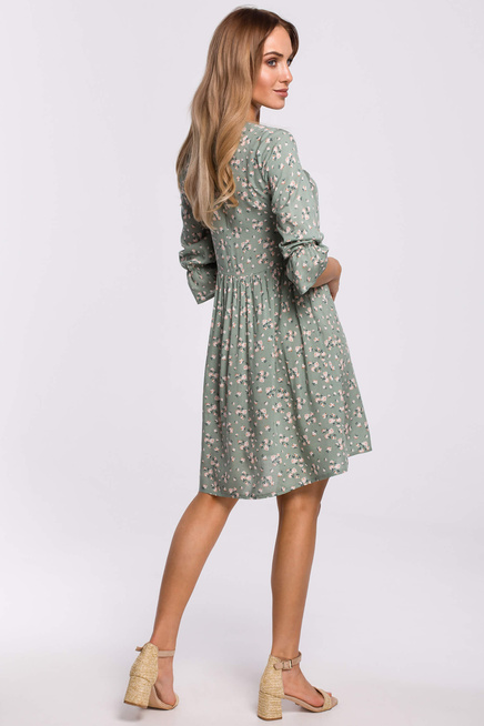 Sukienka boho rozkloszowana mini z wiskozy w kwiaty zielona