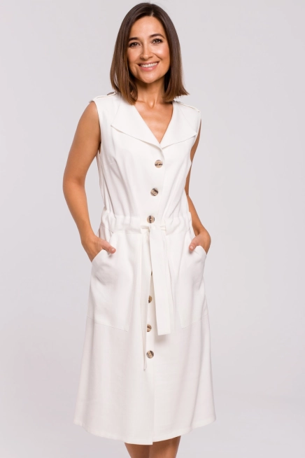 Sukienka koszulowa na lato szmizjerka midi z paskiem i guzikami ecru