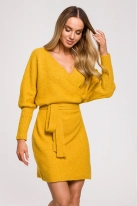 Sweterkowa kopertowa sukienka z wiązaniem żółta