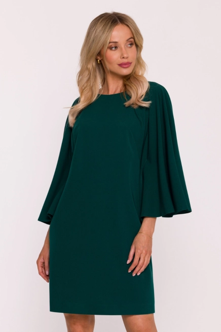 Elegancka sukienka trapezowa z bufiastymi rękawami zielona