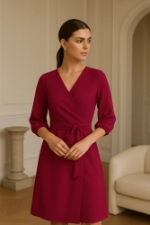 Sukienka elegancka kopertowa z bufiastymi rękawami śliwka