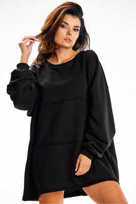 Bluza damska oversize długa z kieszenią kangurka czarna