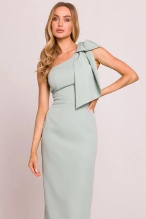 Elegancka sukienka ołówkowa na jedno ramię z kokardą miętowa