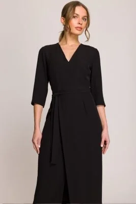 Elegancka sukienka midi z dekoltem V i rozcięciem czarna