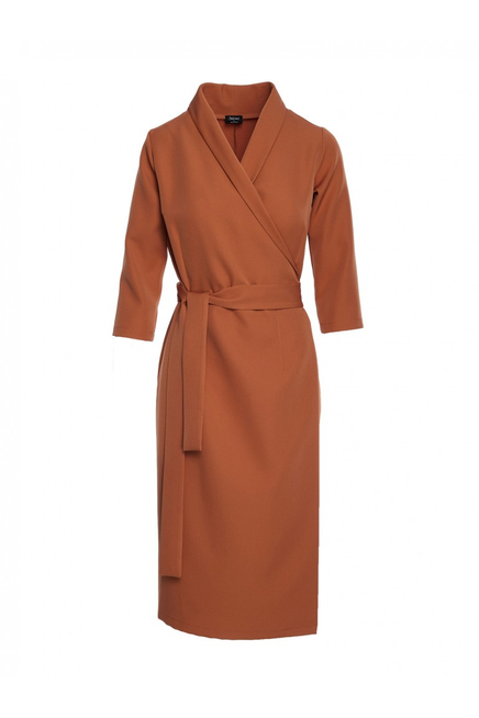 Elegancka sukienka biznesowa kopertowa midi z paskiem w talii brązowa