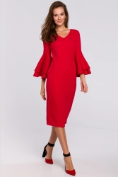 Sukienka na wesele elegancka z bufiastymi rękawami czerwona