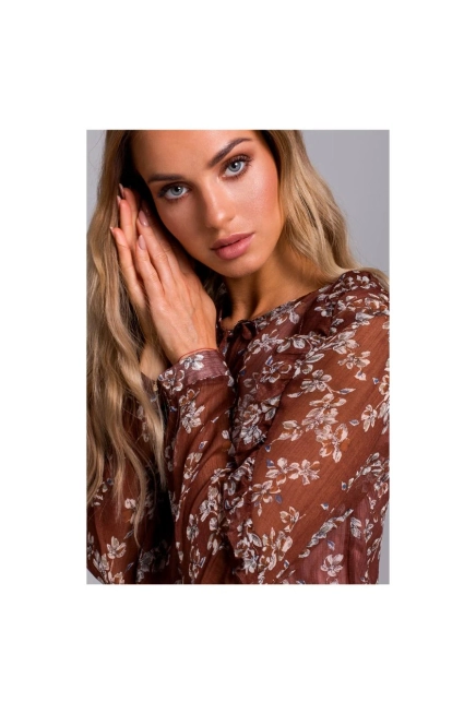 Sukienka BOHO w kwiaty szyfonowa z falbankami brązowa