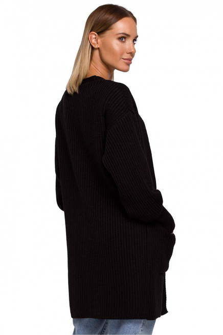 Długi kardigan sweter z kieszeniami i bufiastymi rękawami czarny