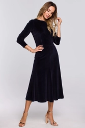 Sukienka welurowa rozkloszowana rękaw 3/4 bawełniana granat