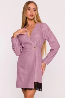 Elegancka sukienka tweedowa trapezowa kopertowa różowa