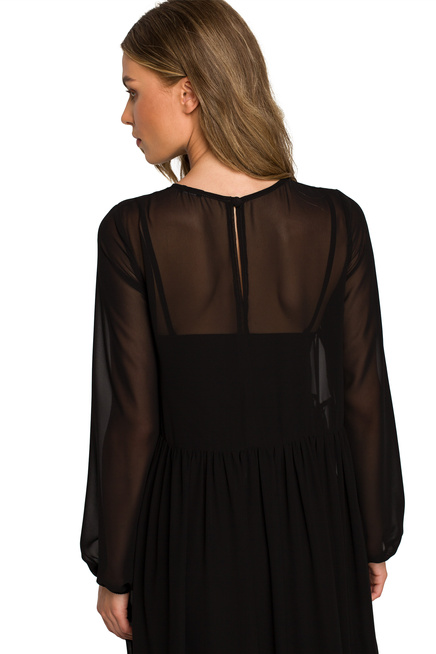 Sukienka wieczorowa szyfonowa rozkloszowana z falbanami czarna długa