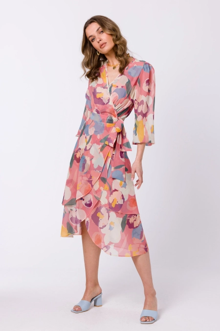 Zwiewna sukienka szyfonowa kopertowa z wiązaniem pastelowa