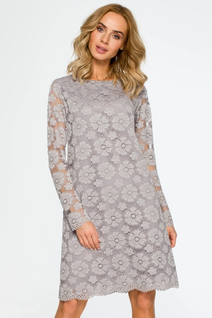 Sukienka na wesele koronkowa trapezowa midi szara