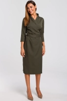 Elegancka sukienka biznesowa kopertowa midi z paskiem w talii zielona