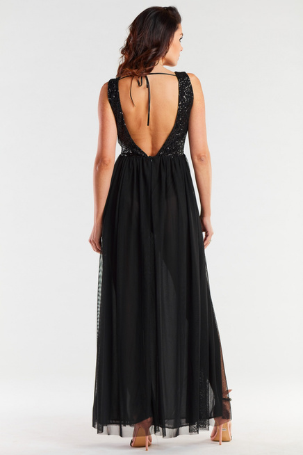 Długa sukienka wieczorowa z rozcięciem zwiewna czarna z cekinami