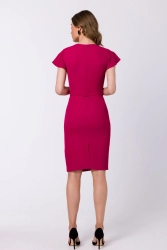 Elegancka ołówkowa sukienka z paskiem krótki rękaw fioletowa
