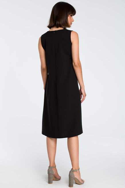 Lniana sukienka trapezowa na lato bez rękawów z marszczeniem czarna