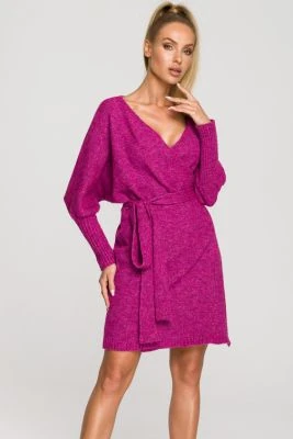 Sukienka sweterkowa kopertowa z dekoltem V różowa z wełną