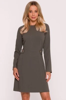 Elegancka sukienka trapezowa z patkami w talii khaki