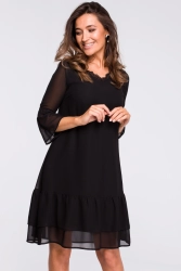 Sukienka rozkloszowana midi z falbankami dekolt V szyfonowa czarna