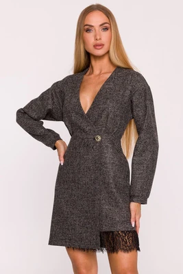 Elegancka sukienka tweedowa trapezowa kopertowa czarna