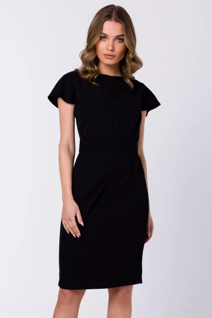 Elegancka ołówkowa sukienka z paskiem krótki rękaw czarna