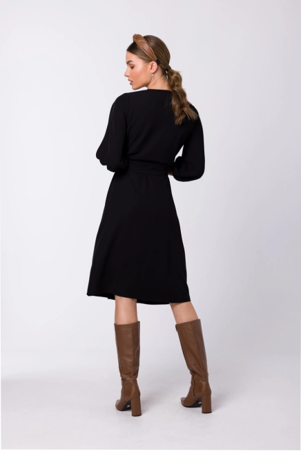 Sukienka elegancka kopertowa z bufiastymi rękawami czarna