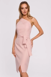 Sukienka koktajlowa ołówkowa na jedno ramię z rozcięciem róż