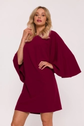 Elegancka sukienka trapezowa z bufiastymi rękawami bordowa