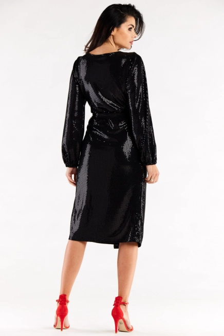 Sukienka kopertowa z bufiastymi rękawami błyszcząca czarna