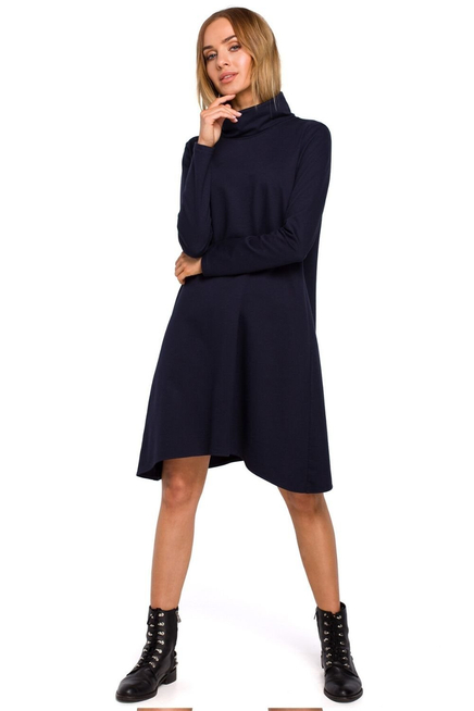 Sukienka trapezowa asymetryczna z golfem bawełniana granatowa
