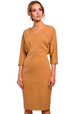 Sukienka elegancka ołówkowa zbluzowana góra i dekolt V brązowa