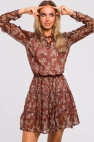 Sukienka w kwiaty szyfonowa z falbankami w stylu BOHO brązowa mini