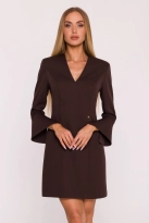 Elegancka sukienka z szerokimi mankietami dekolt V brązowa