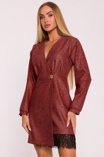 Elegancka sukienka tweedowa trapezowa kopertowa bordowa