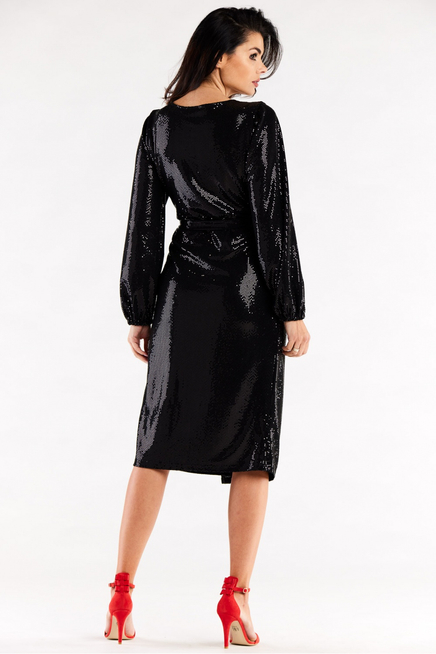 Sukienka kopertowa z bufiastymi rękawami błyszcząca czarna