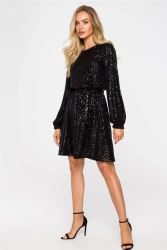 Sukienka cekinowa trapezowa z paskiem błyszcząca czarna