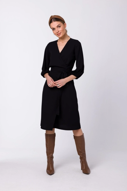 Sukienka elegancka kopertowa z bufiastymi rękawami czarna