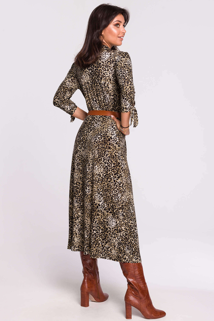 Długa sukienka koszulowa na guziki z kołnierzykiem w panterkę zielona