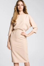 Sukienka elegancka midi kimonowa góra dopasowany dół beżowa