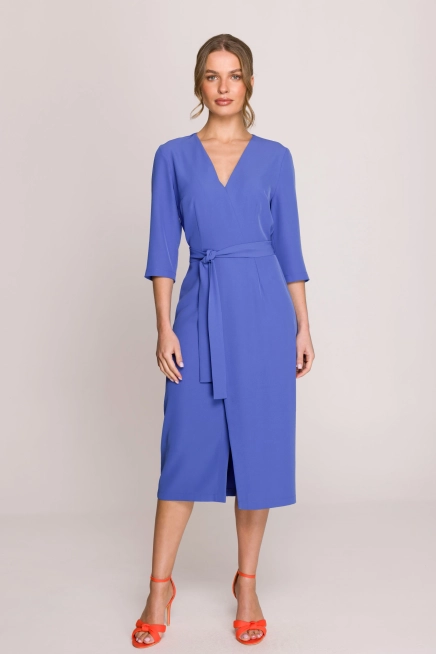 Elegancka sukienka midi z dekoltem V i rozcięciem niebieska
