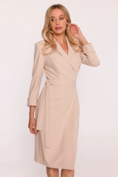 Elegancka sukienka ołówkowa kopertowa z wiązaniem beżowa