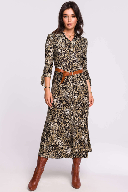 Długa sukienka koszulowa na guziki z kołnierzykiem w panterkę zielona