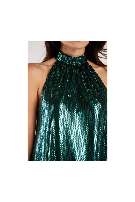 Sukienka trapezowa z dekoltem halter neck błyszcząca zielona